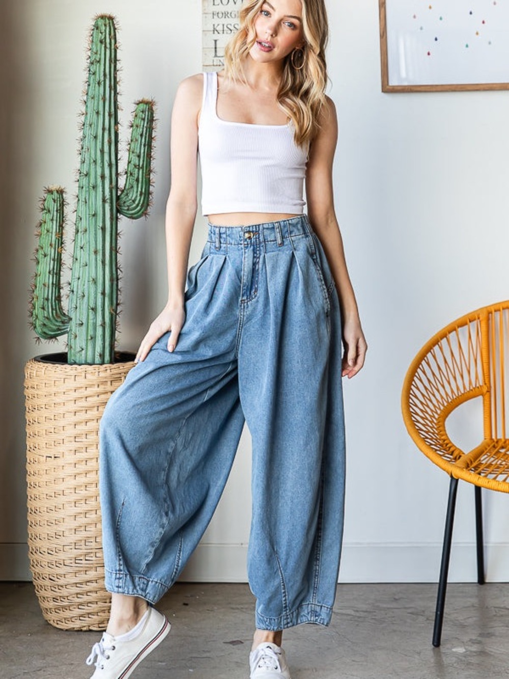 Oli & Hali Washed Loose Wide Leg Pleated Baggy Denim Pants - Light Blue
